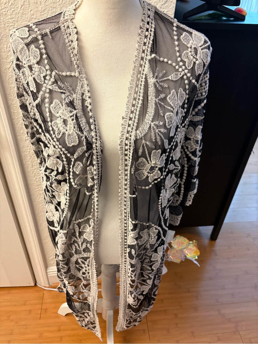 Woven Heart Black and White Lace-Trim Cardigan
